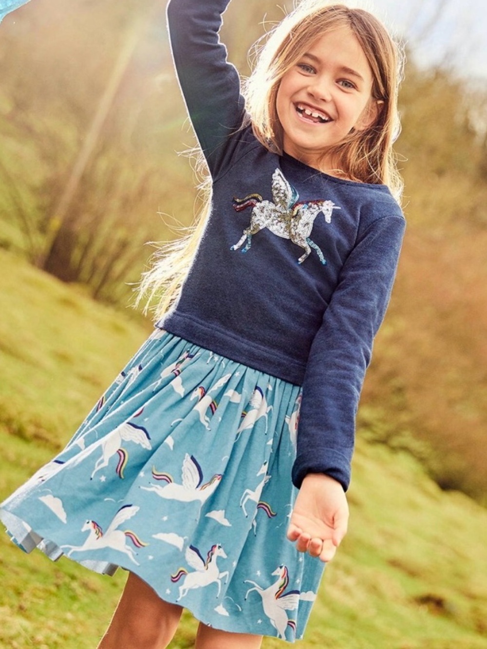 🦄Mini Boden Girls' Sequin Unicorn Dress Blue Size 9-10 Years Old Playful Spring